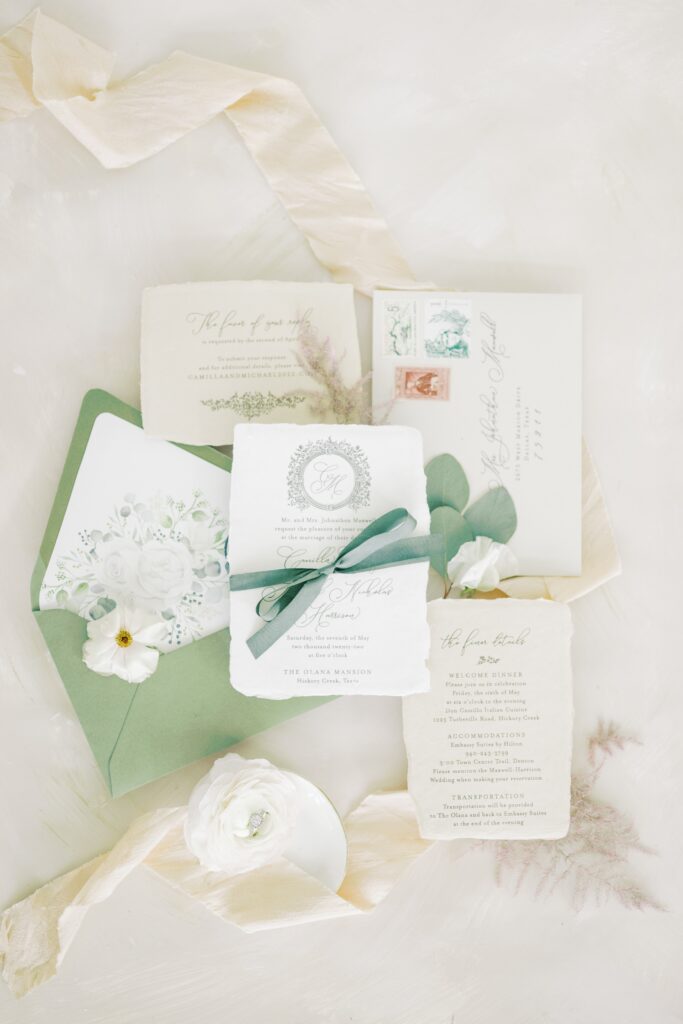 green and tan wedding invitation suite