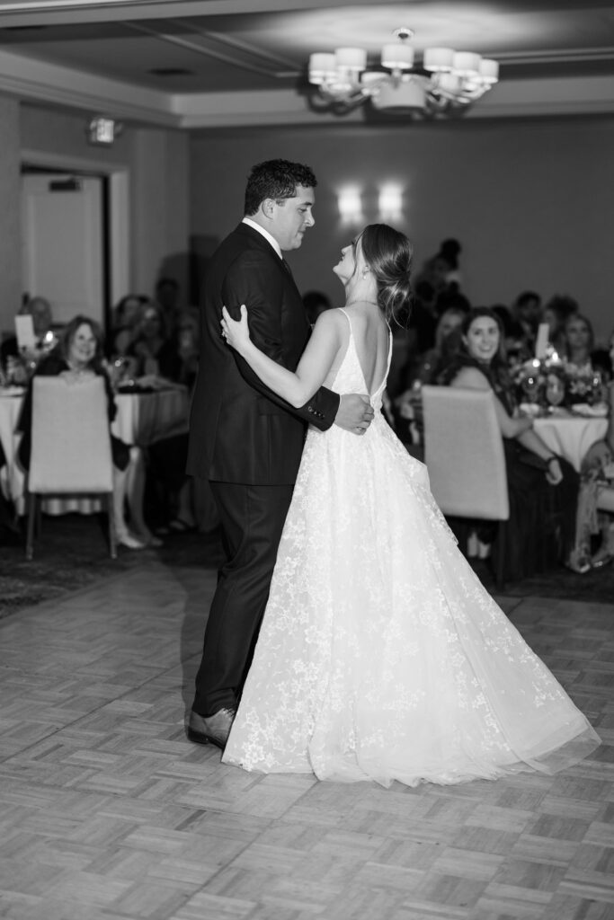 bride and groom's first dance at the rosewood mansion