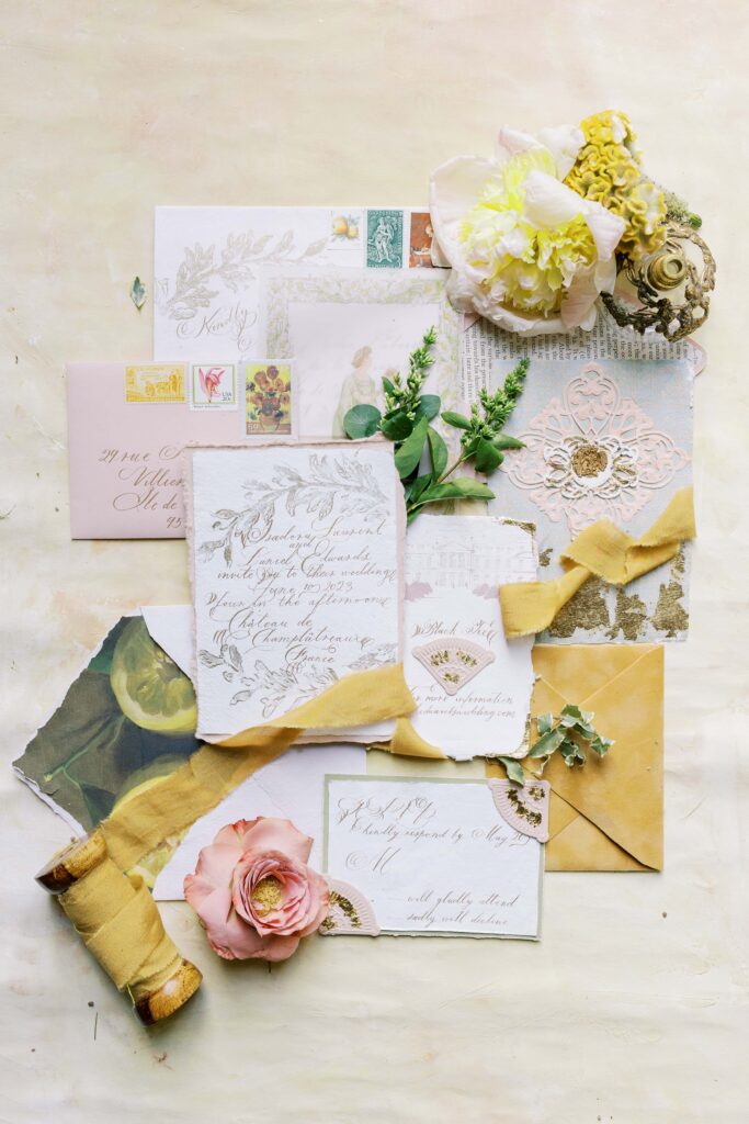 invitation suite flatlay for a france wedding that is yellow themed