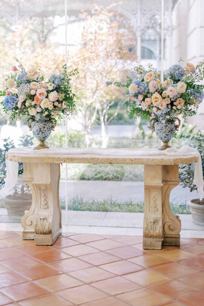 pastel florals at the altar for this Hotel Crescent Court wedding