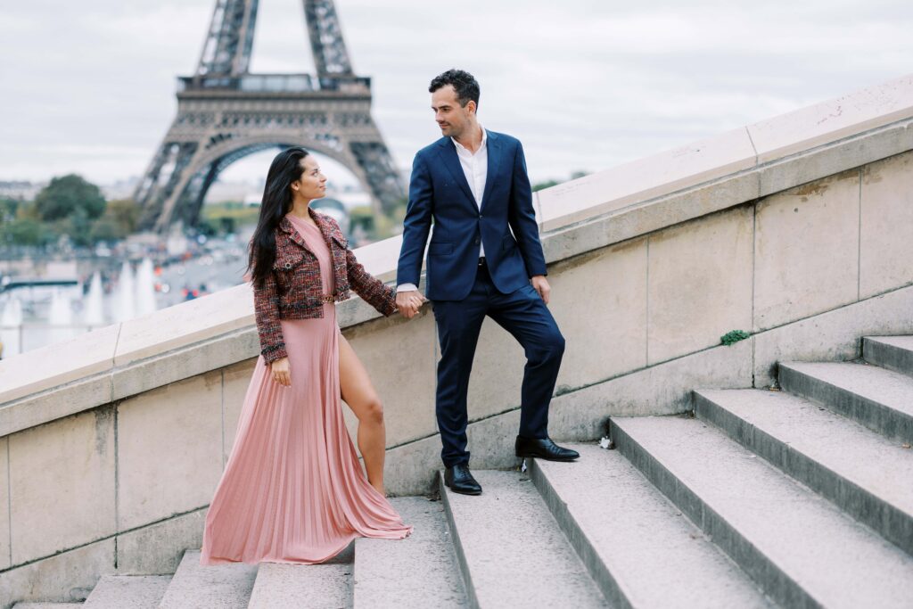 couple looking at each other during their Paris engagement session