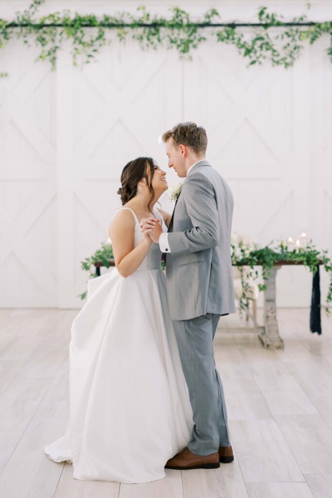 bride and groom on their first dance at The Nest at Ruth Farms