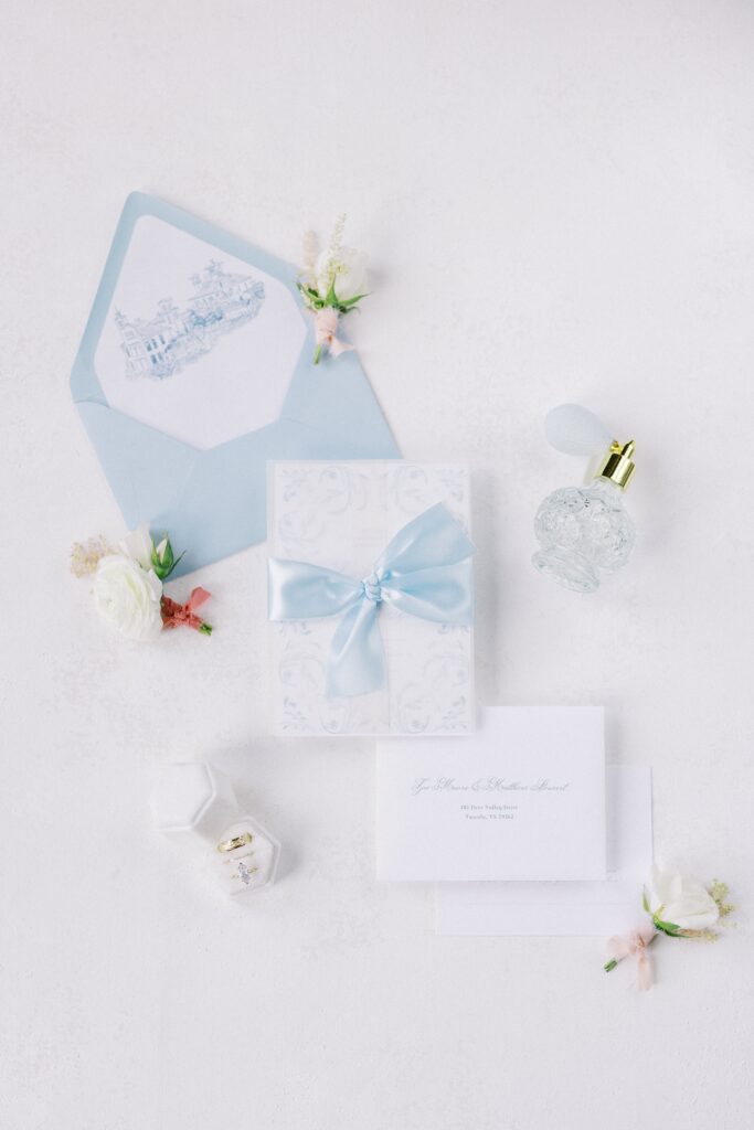 invitation suite flatlay during this Intimate Wedding at Villa Antonia near Austin