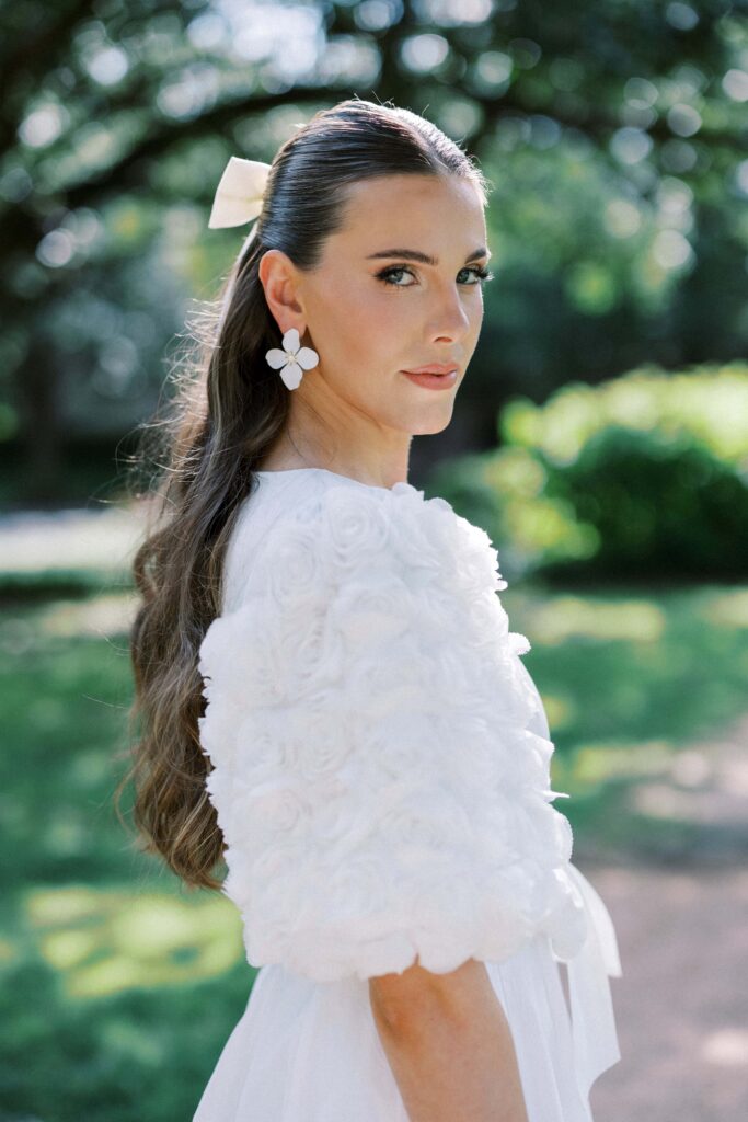 bride looking intensely at the camera during her Engagement Session at Flippen Park