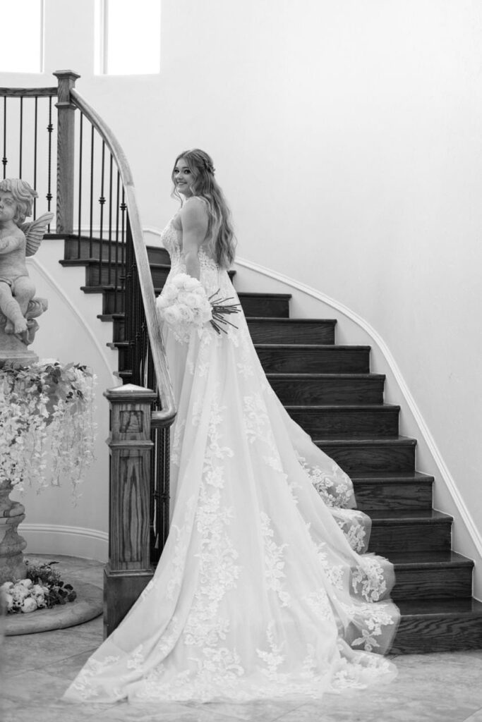 Nicole walking up the stairs at  her D'Vine Grace Vineyard bridal session