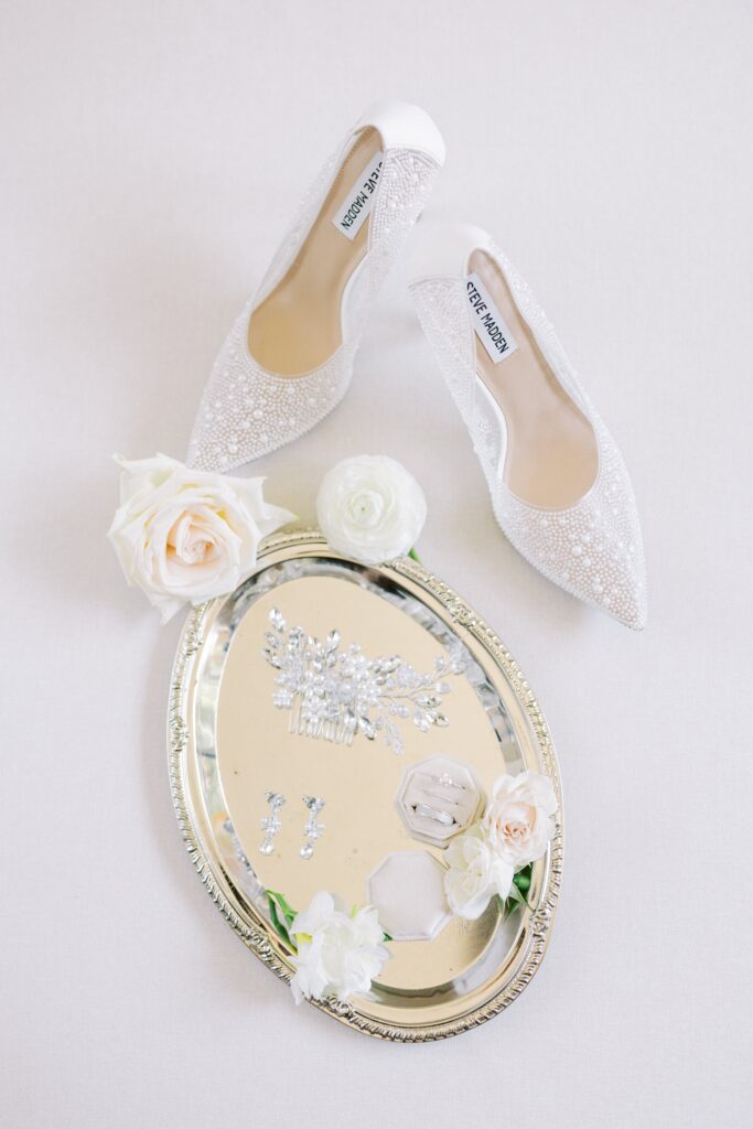 shoes and jewelry flatlay for this aristide mansfield wedding