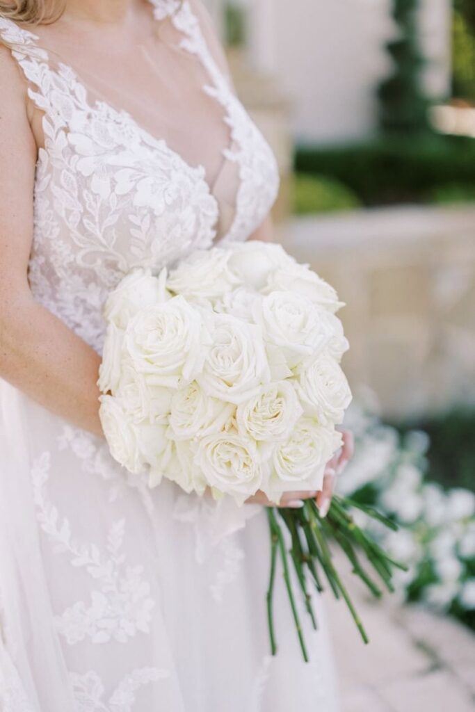 Nicole's white rose bouquet at her D'Vine Grace Vineyard bridal session 