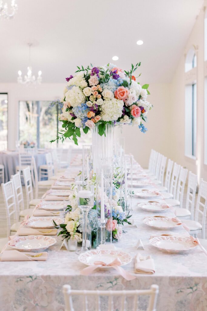 tablescape with colorful florals at this brighton abbey wedding