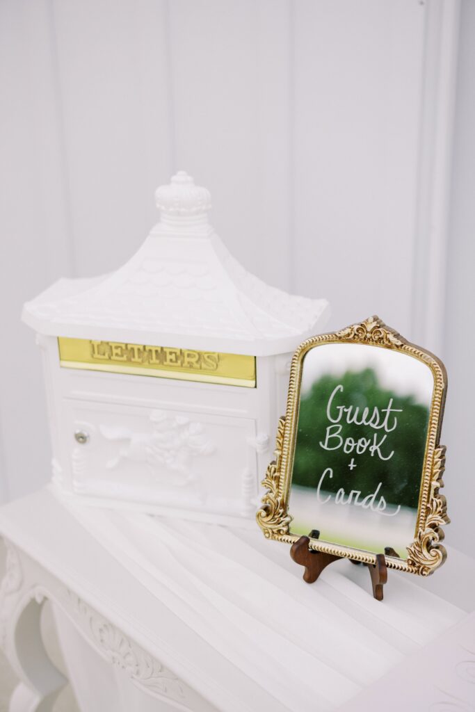 white and gold vintage mailbox at a Lakeview Hills Wedding