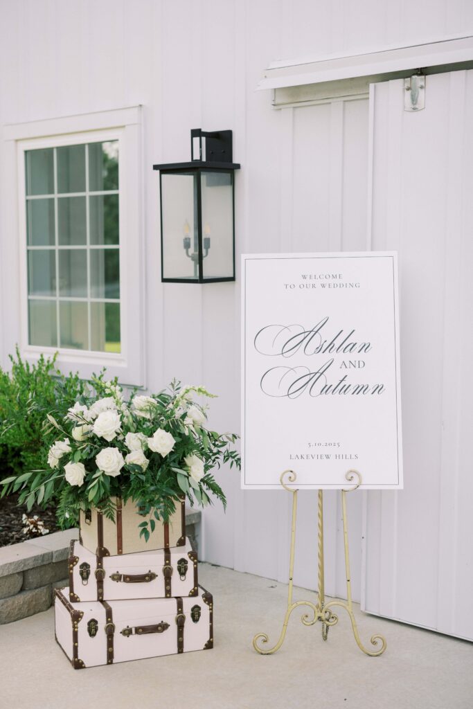 welcome signage in front of the chapel at this Lakeview Hills Wedding