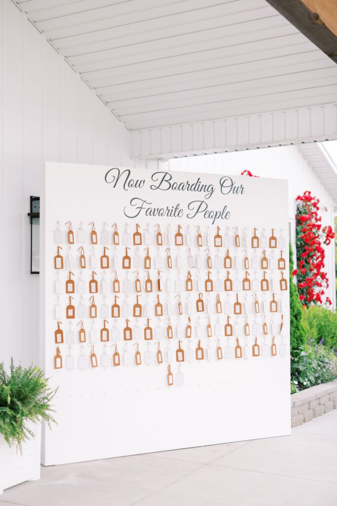 escort wall with luggage tags at this Lakeview Hills Wedding